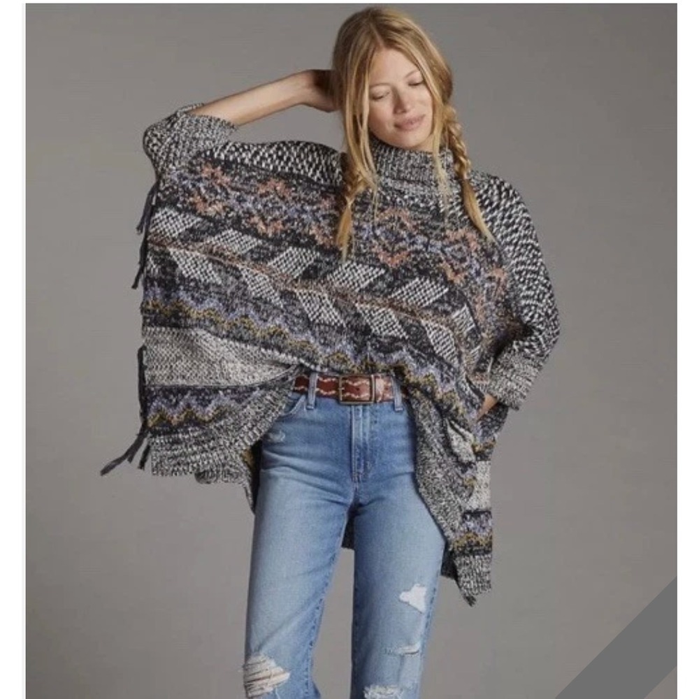 Anthropologie Pilcro Magda Knit Poncho Sweater Sz M/L Turtle Womens Boho